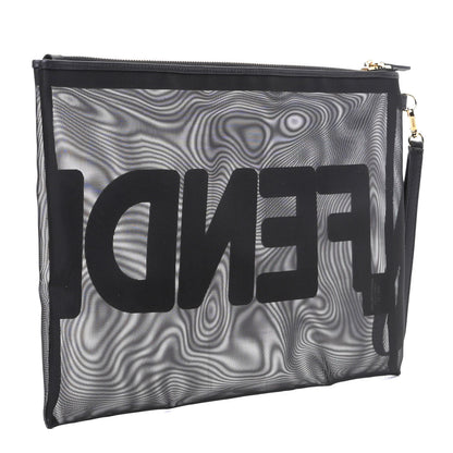 Fendi Mesh Vitello King Logo Embroidered Large Flat Pouch Black 2 of 5