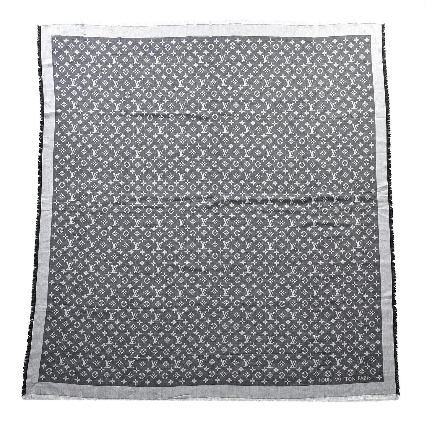 Wool Silk Monogram Denim Shawl Black