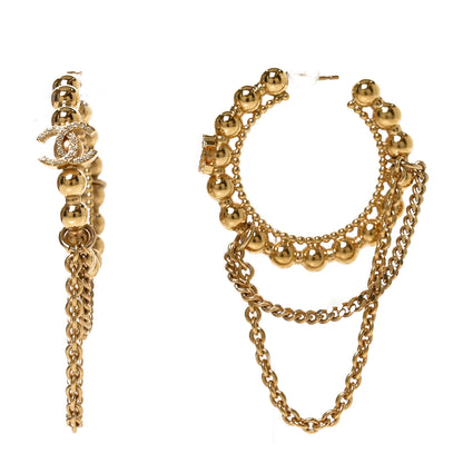 Chanel Metal Crystal Bead Chain CC Hoop Earrings Gold 1 of 5