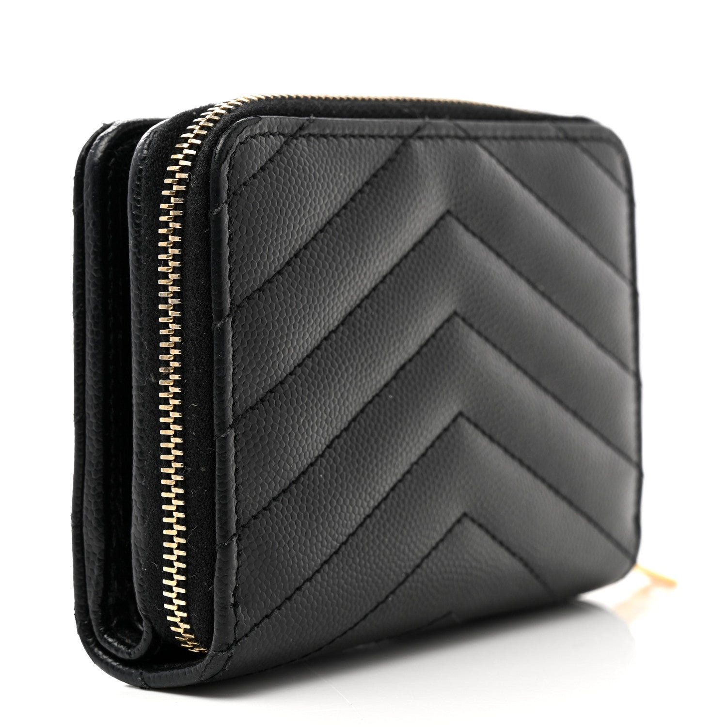 Saint Laurent Grain De Poudre Matelasse Chevron Monogram Compact Zip Around Wallet Black 3 of 9