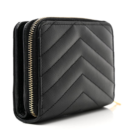 Saint Laurent Grain De Poudre Matelasse Chevron Monogram Compact Zip Around Wallet Black 3 of 9