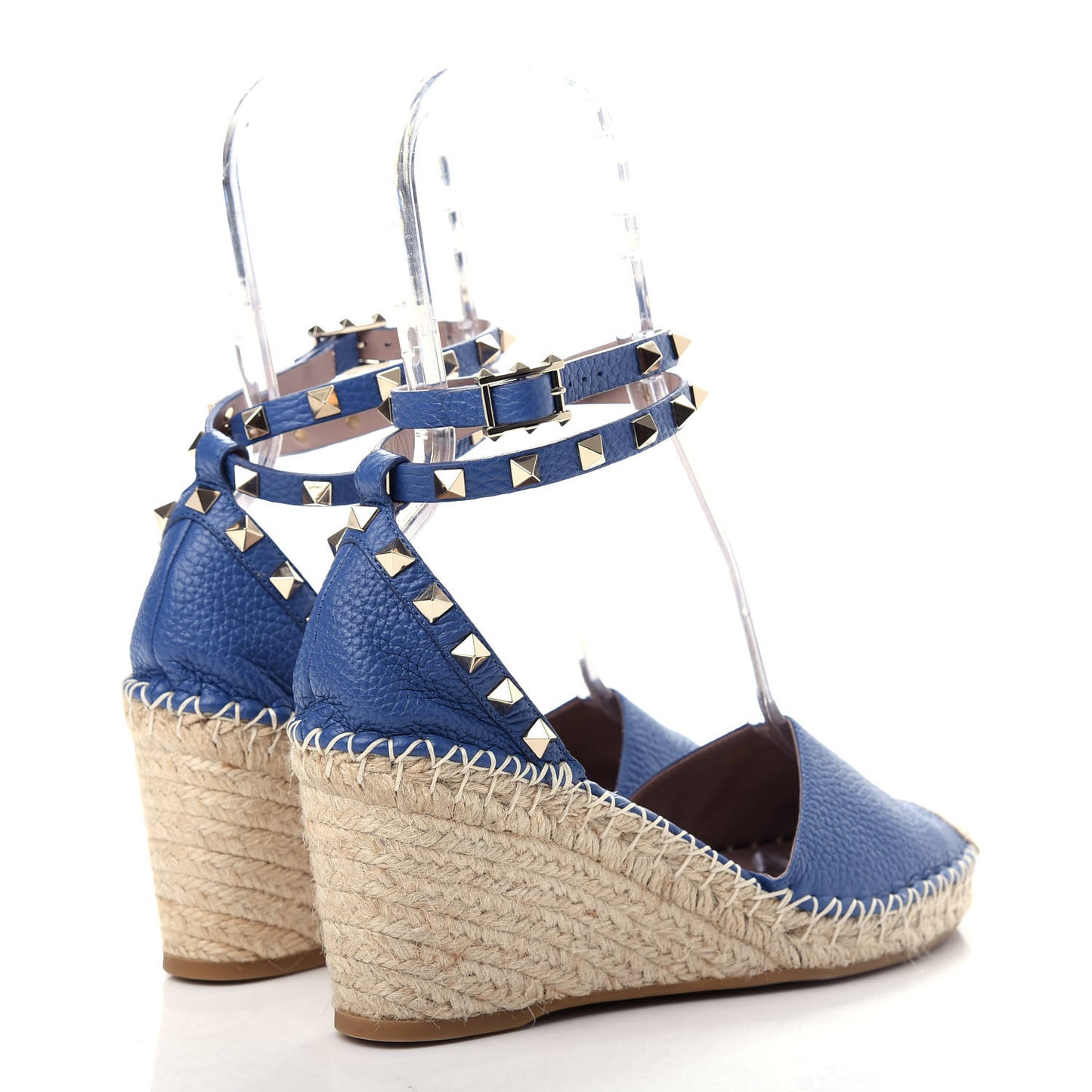 Grained Calfskin Rockstud Ankle Wrap Espadrille 15/85mm Wedges 39 Baltique