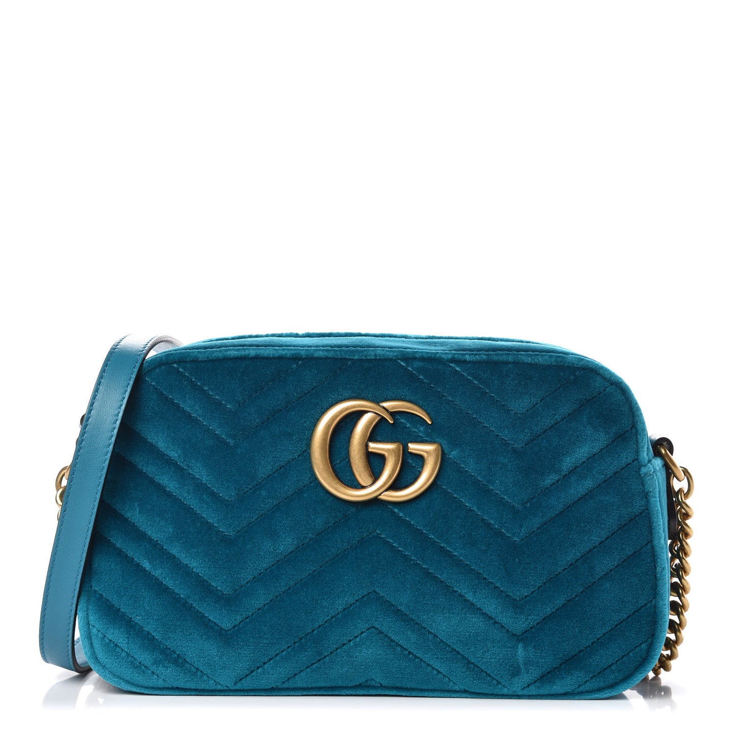 Velvet Matelasse Small GG Marmont Chain Shoulder Bag Pavone Cyan