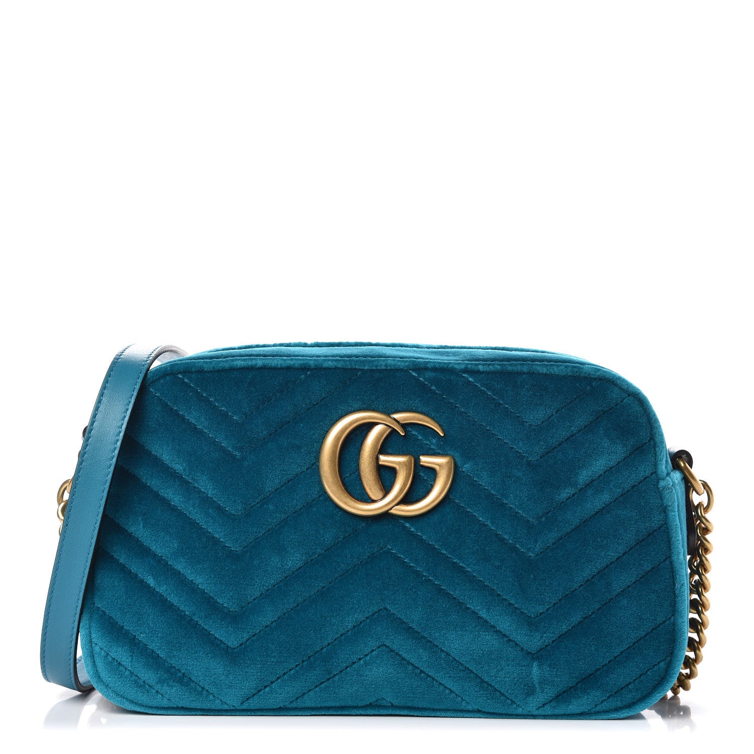 Gucci Velvet Matelasse Small GG Marmont Chain Shoulder Bag Pavone Cyan 1 of 9
