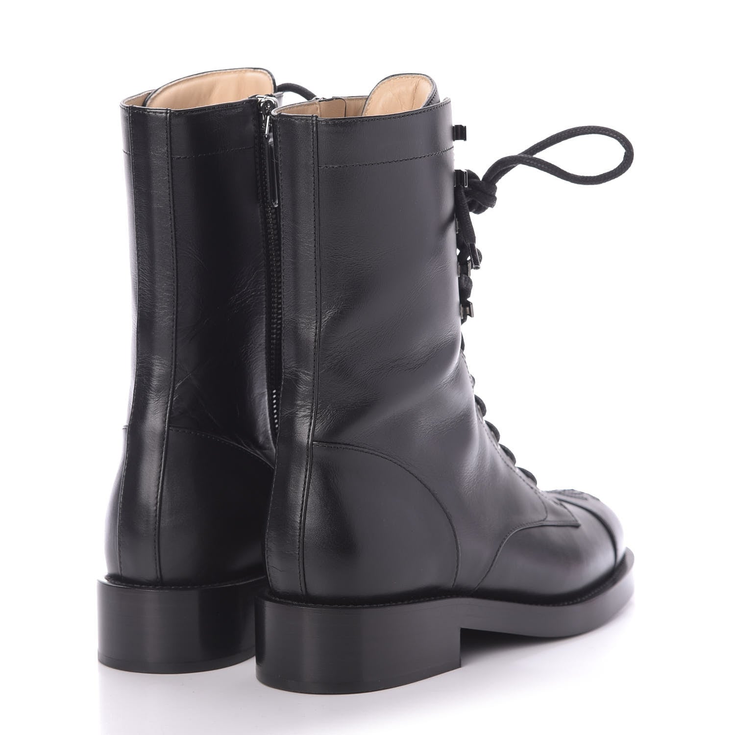 Chanel Calfskin Lace Up Combat Boots 37.5 Black 3 of 8