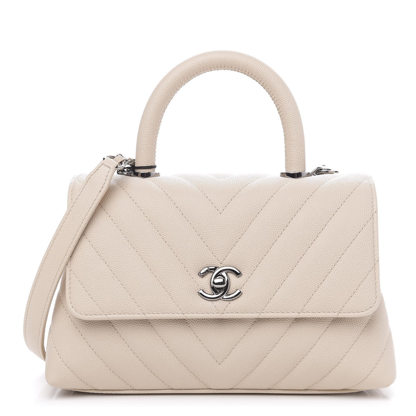 Caviar Chevron Quilted Mini Coco Handle Flap Beige