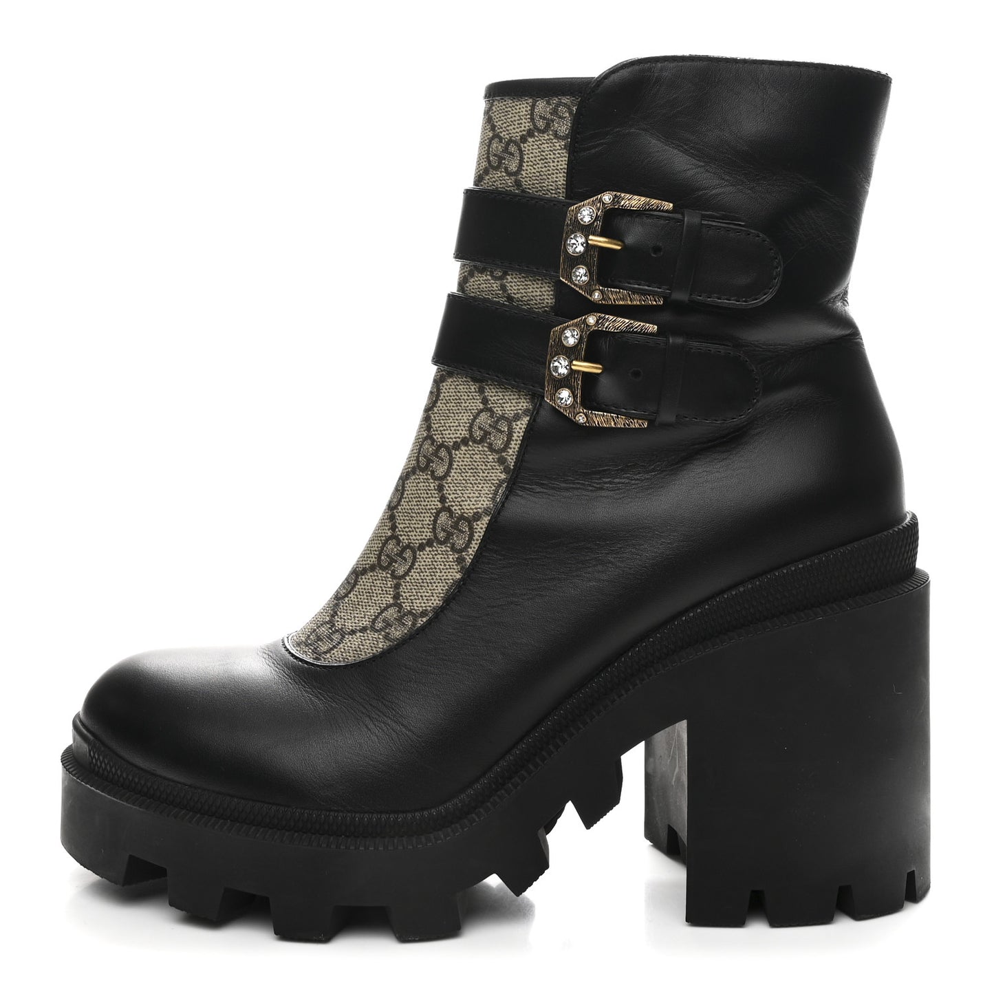Kensington Calfskin Nappa GG Supreme Monogram Womens Double Buckle Ankle Boots 39 Black
