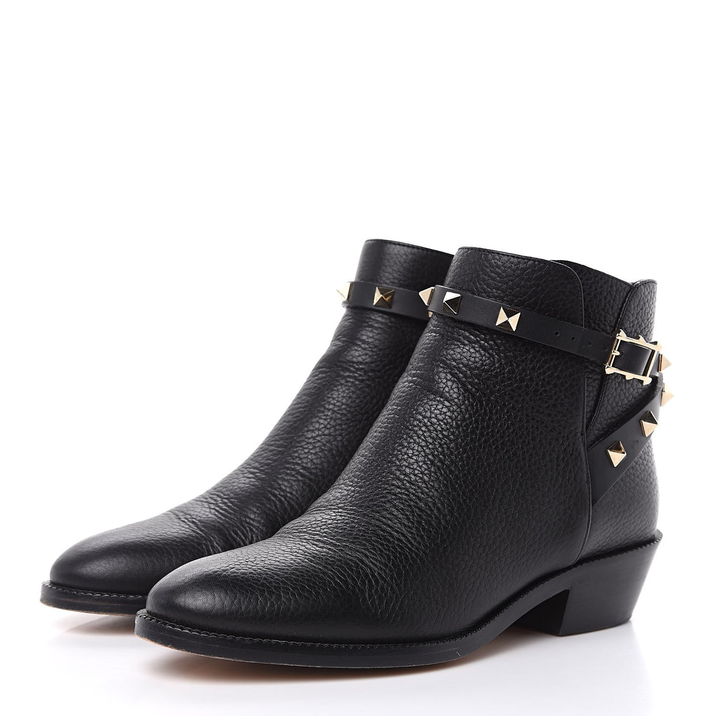 Grained Calfskin Rockstud Single Buckle 35mm Cowboy Ankle Boots 35 Black