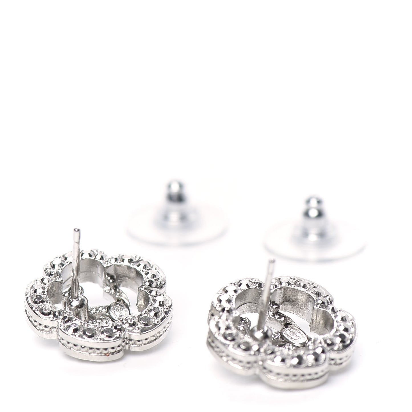 Crystal Coco Flapper Camellia CC Stud Earrings Silver