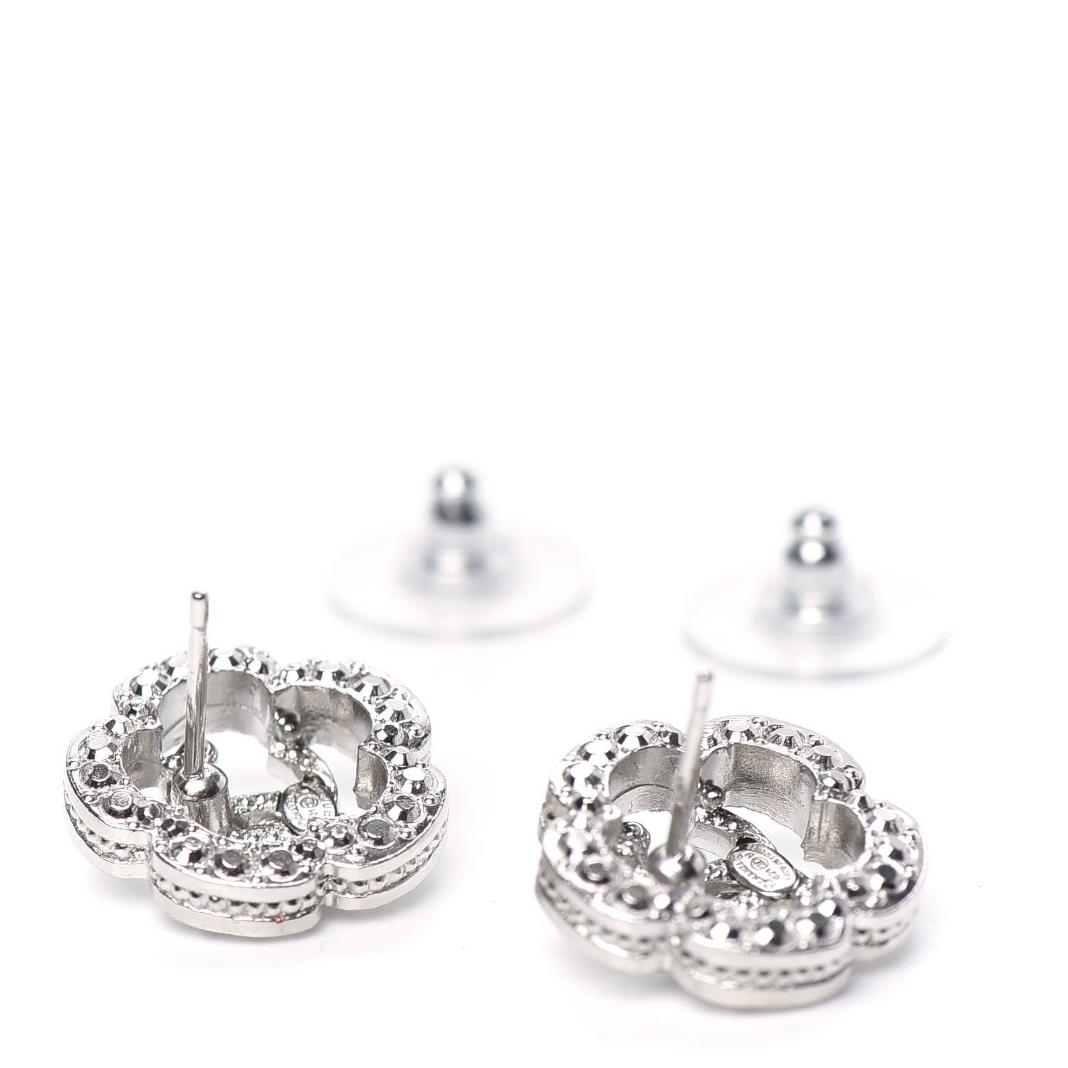 Chanel Crystal Coco Flapper Camellia CC Stud Earrings Silver 3 of 5