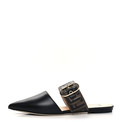 Fendi Vitello FF Embossed Buckle Flat Mules 38 Maya Black 1 of 7