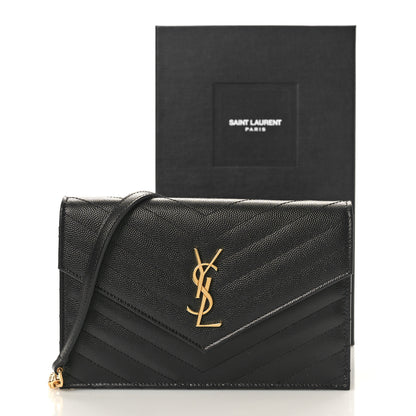 Saint Laurent Grain De Poudre Matelasse Chevron Monogram Envelope Chain Wallet Black 10 of 10