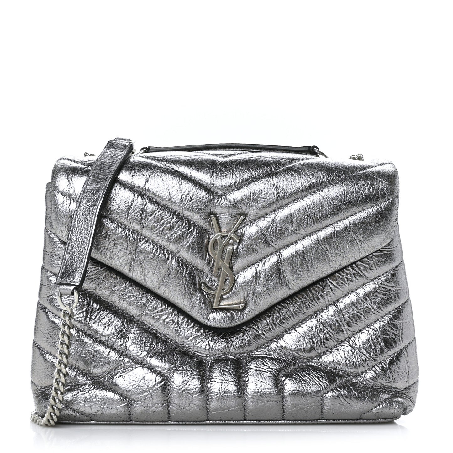 Metallic Calfskin Y Quilted Monogram Small Loulou Chain Satchel Acciaio