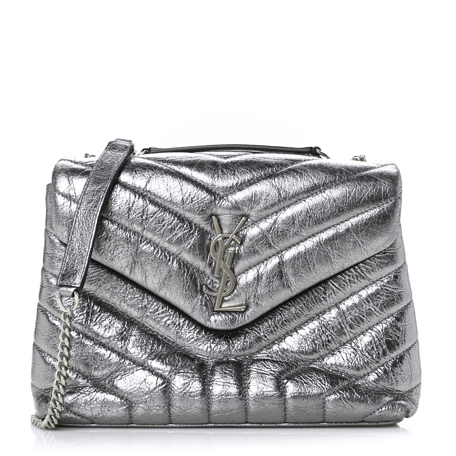 Saint Laurent Metallic Calfskin Y Quilted Monogram Small Loulou Chain Satchel Acciaio 1 of 11