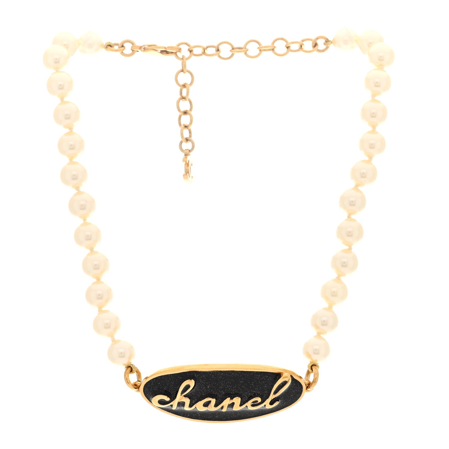Chanel Pearl Metal Resin Logo Choker Gold Black Pearly White 3 of 4