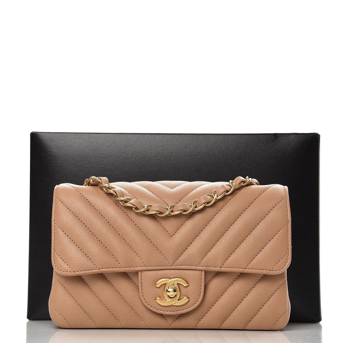 Calfskin Chevron Quilted Mini Rectangular Flap Dark Beige