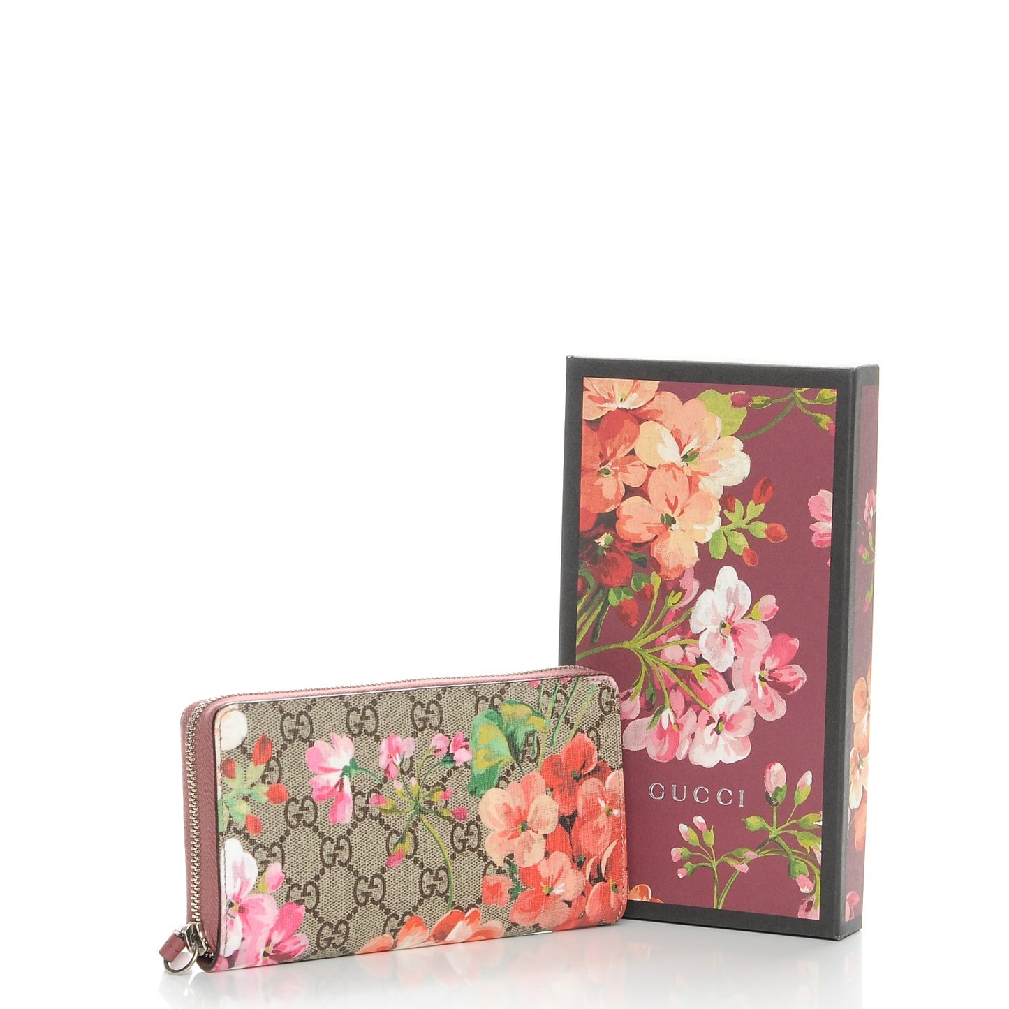 GG Supreme Monogram Blooms Zip Around Wallet Beige Multicolor Dry Rose