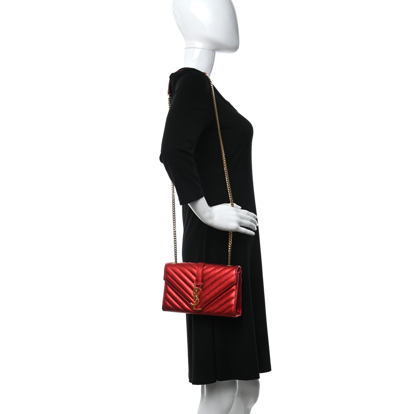 Metallic Matelasse Chevron Small Monogram Chain Shoulder Bag Red