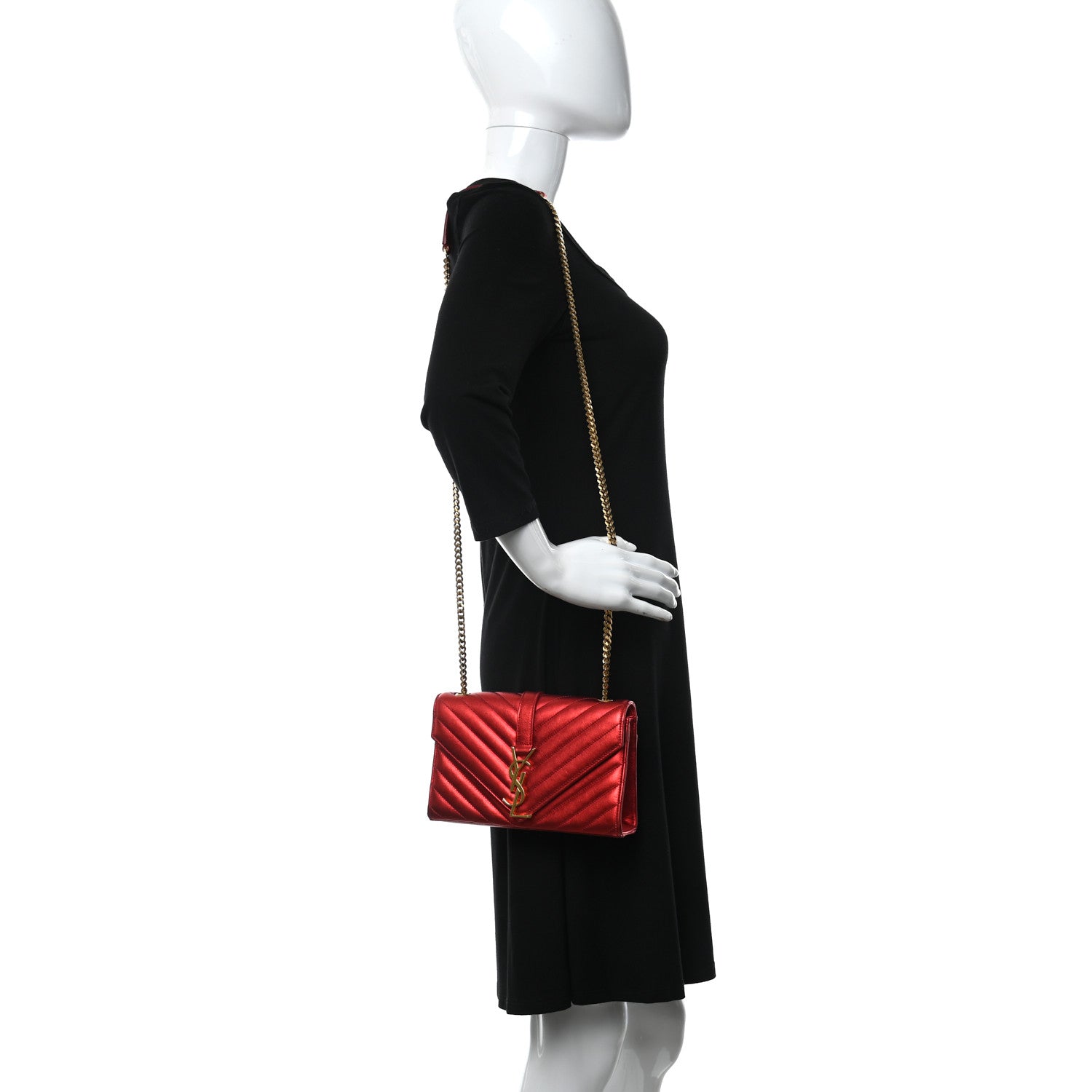 Saint Laurent Metallic Matelasse Chevron Small Monogram Chain Shoulder Bag Red 2 of 8