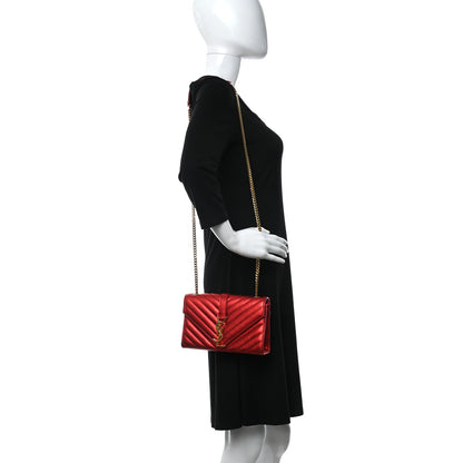 Saint Laurent Metallic Matelasse Chevron Small Monogram Chain Shoulder Bag Red 2 of 8