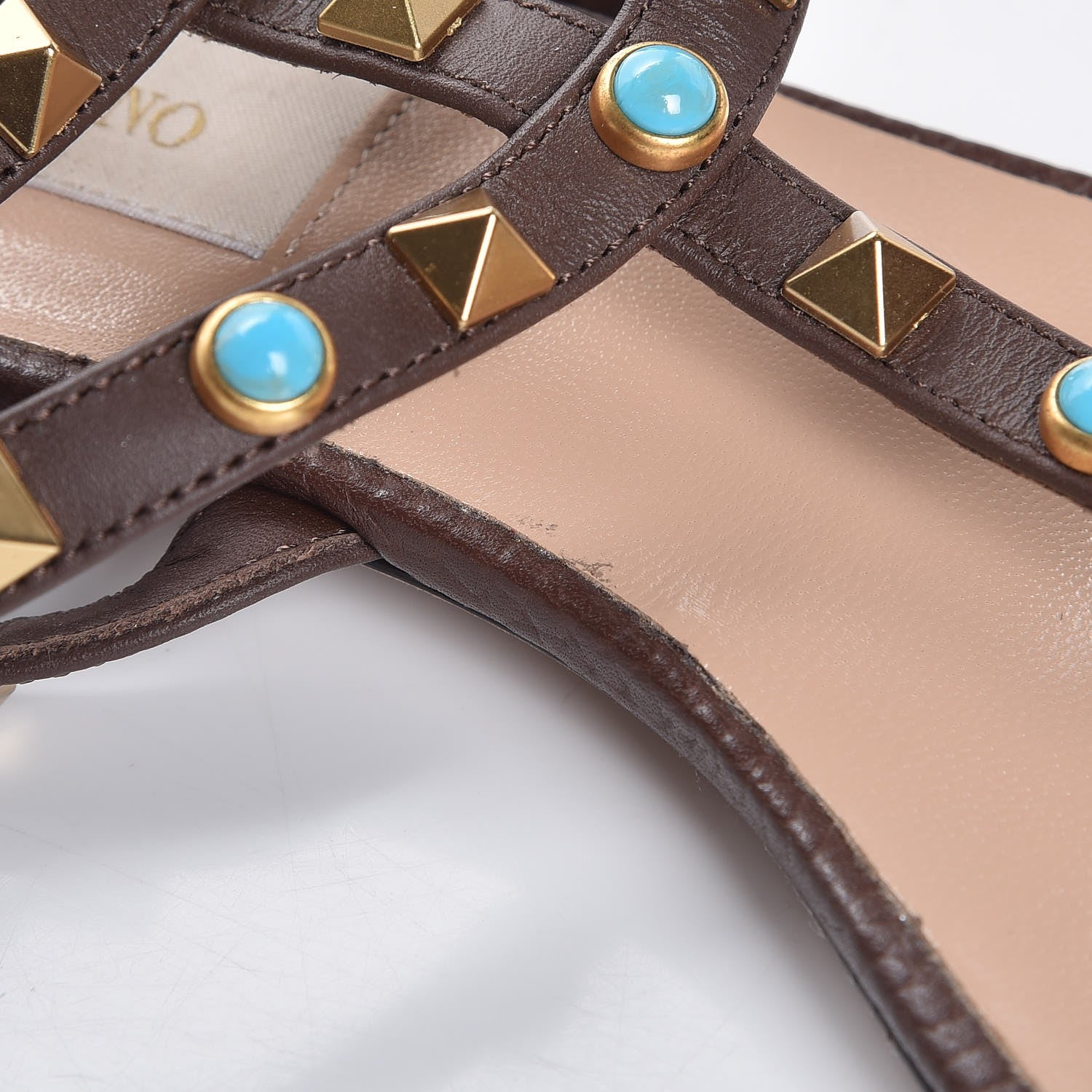 Valentino Garavani Calfskin Rockstud Rolling Ankle Wrap Flat Thong Sandals 37 Cacao 8 of 8
