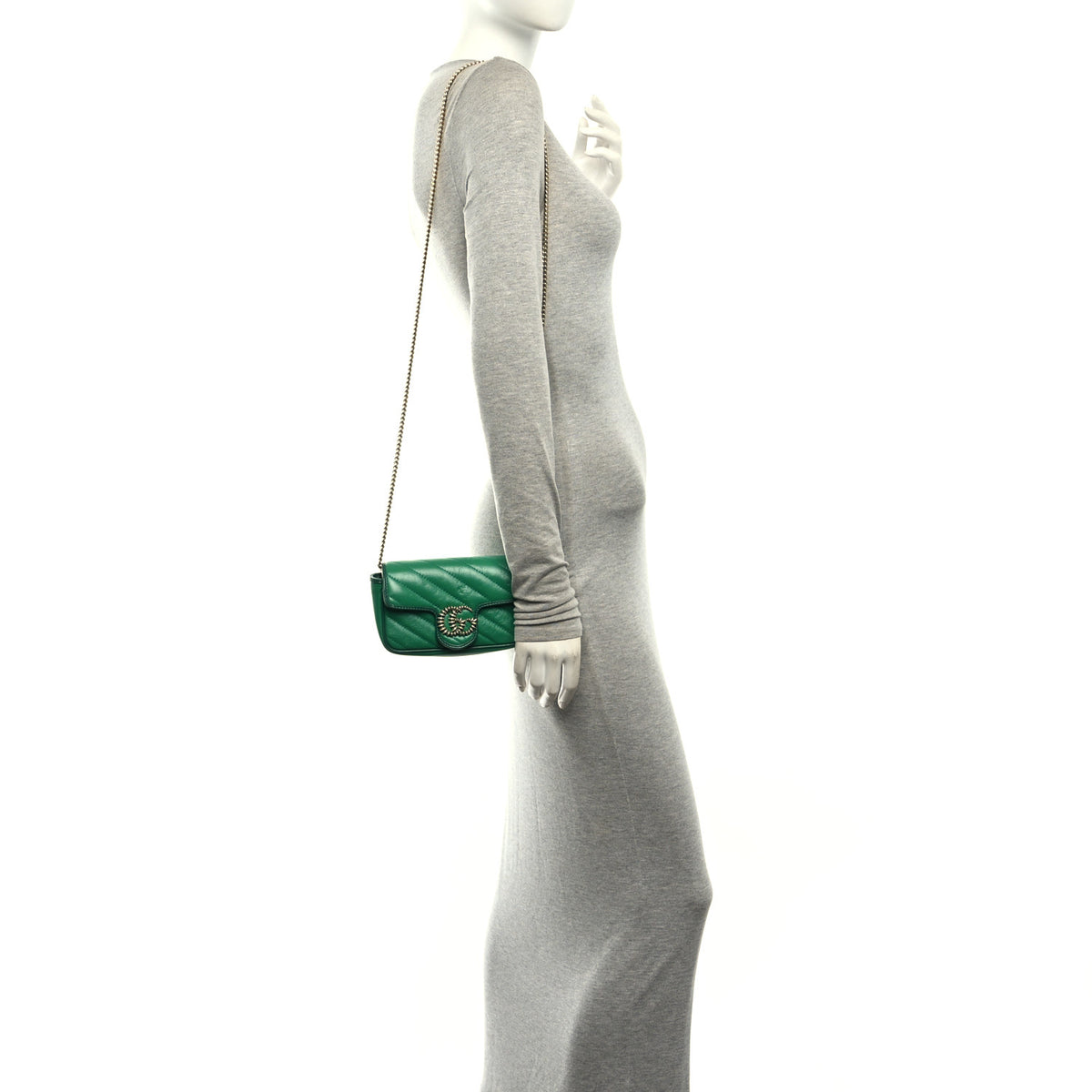 Azalea Calfskin Enamel Matelasse Diagonal Super Mini Torchon GG Marmont Shoulder Bag New Shamarock Emerald