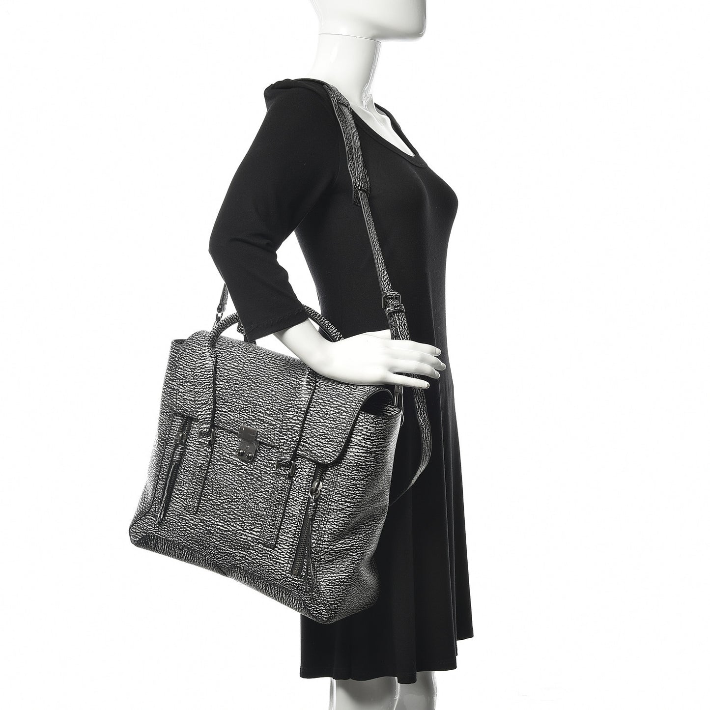 3.1 Textured Calfskin Large Pashli Satchel Black Cream