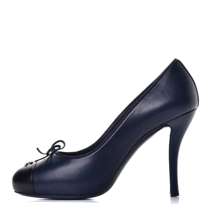 Chanel Lambskin Bow Cap Toe CC Pumps 37 Navy Black 1 of 8