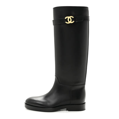 Chanel Calfskin CC Buckle High Boots 38 Black 1 of 9