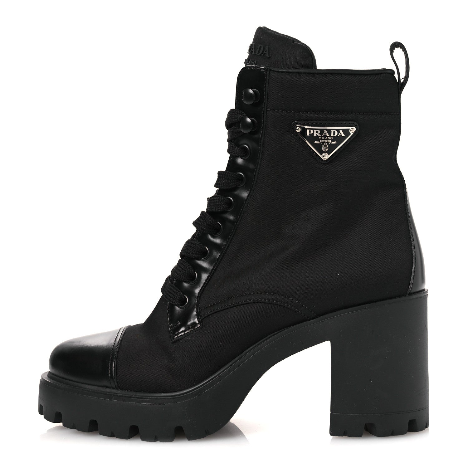 Prada Spazzolato Re-Nylon Metal Triangle Logo Lace Up 55mm Ankle Boots 38.5 Black 1 of 11