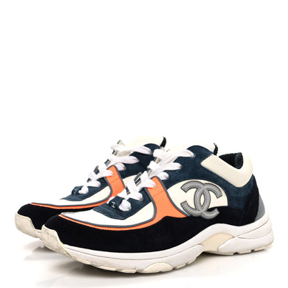 Chanel Nylon Calfskin Suede CC Womens Sneakers 38.5 Navy White Orange 4 of 12