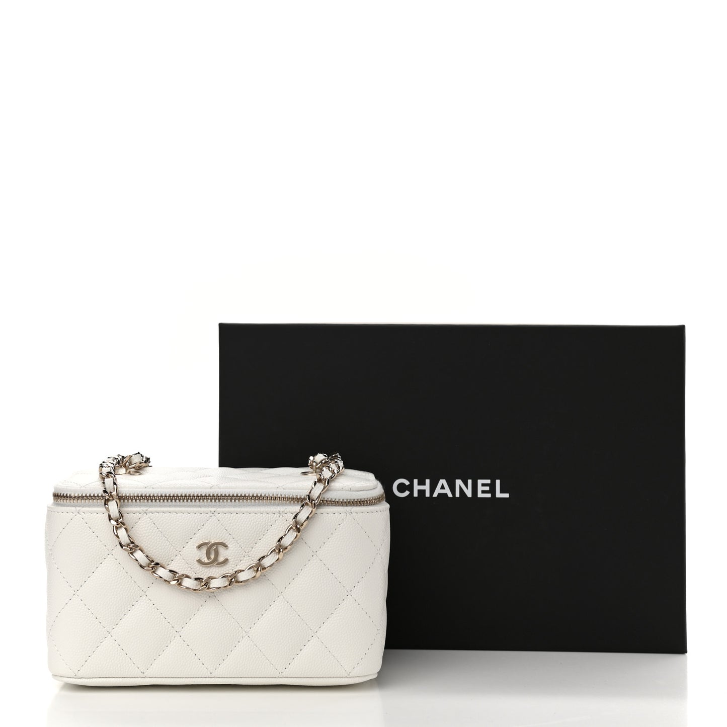 Caviar Quilted Small Vanity Case With Chain White