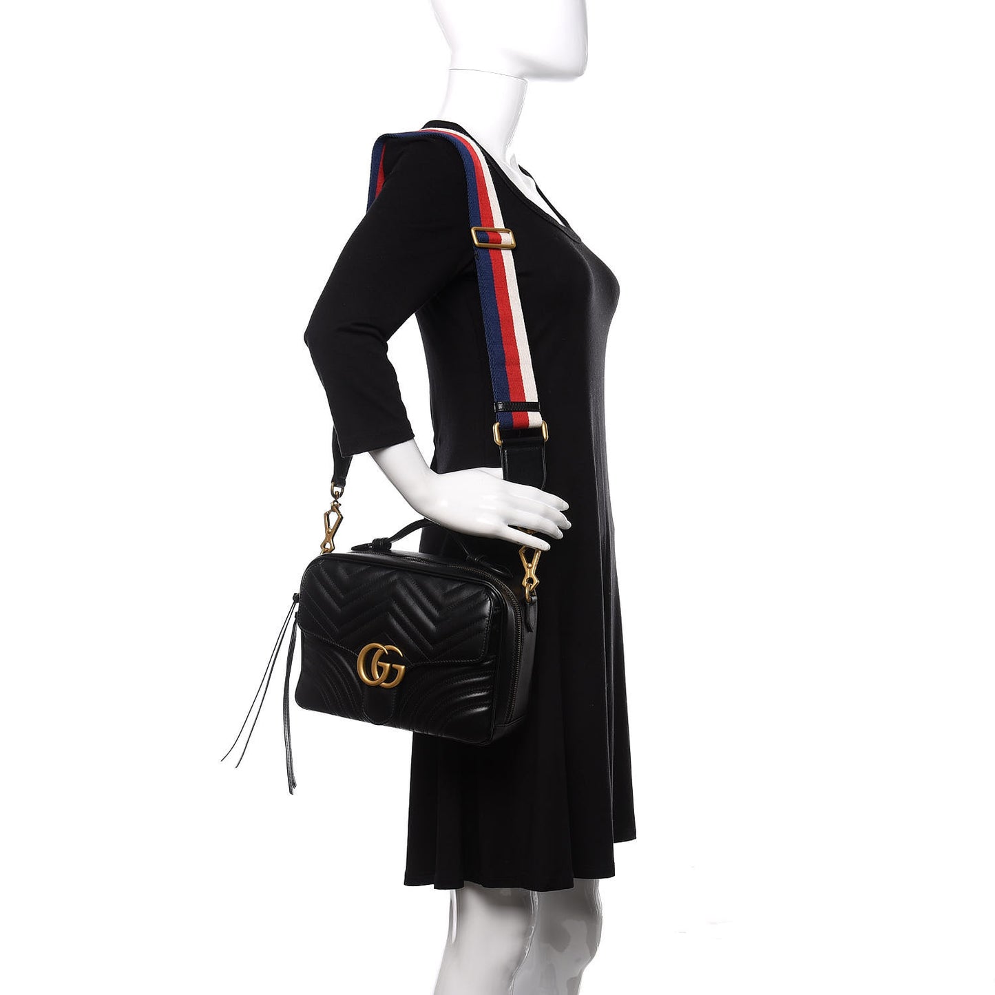 Calfskin Matelasse Sylvie Web Small GG Marmont Top Handle Shoulder Bag Black