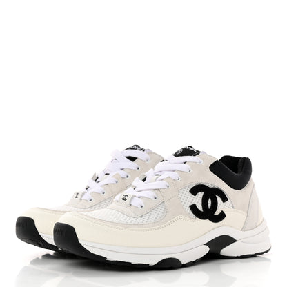 Chanel Mesh Suede Calfskin Grained Calfskin Womens CC Sneakers 37.5 White Black 3 of 10
