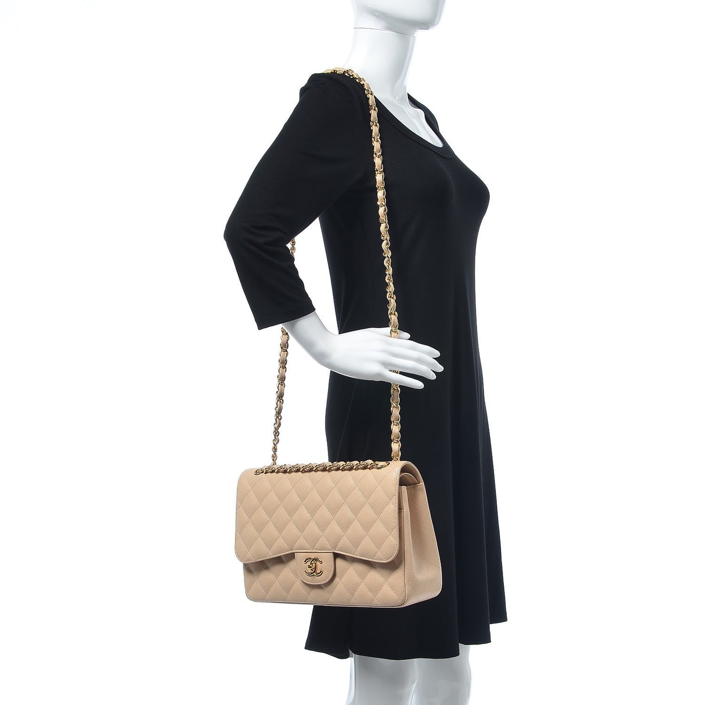 Caviar Quilted Jumbo Double Flap Light Beige