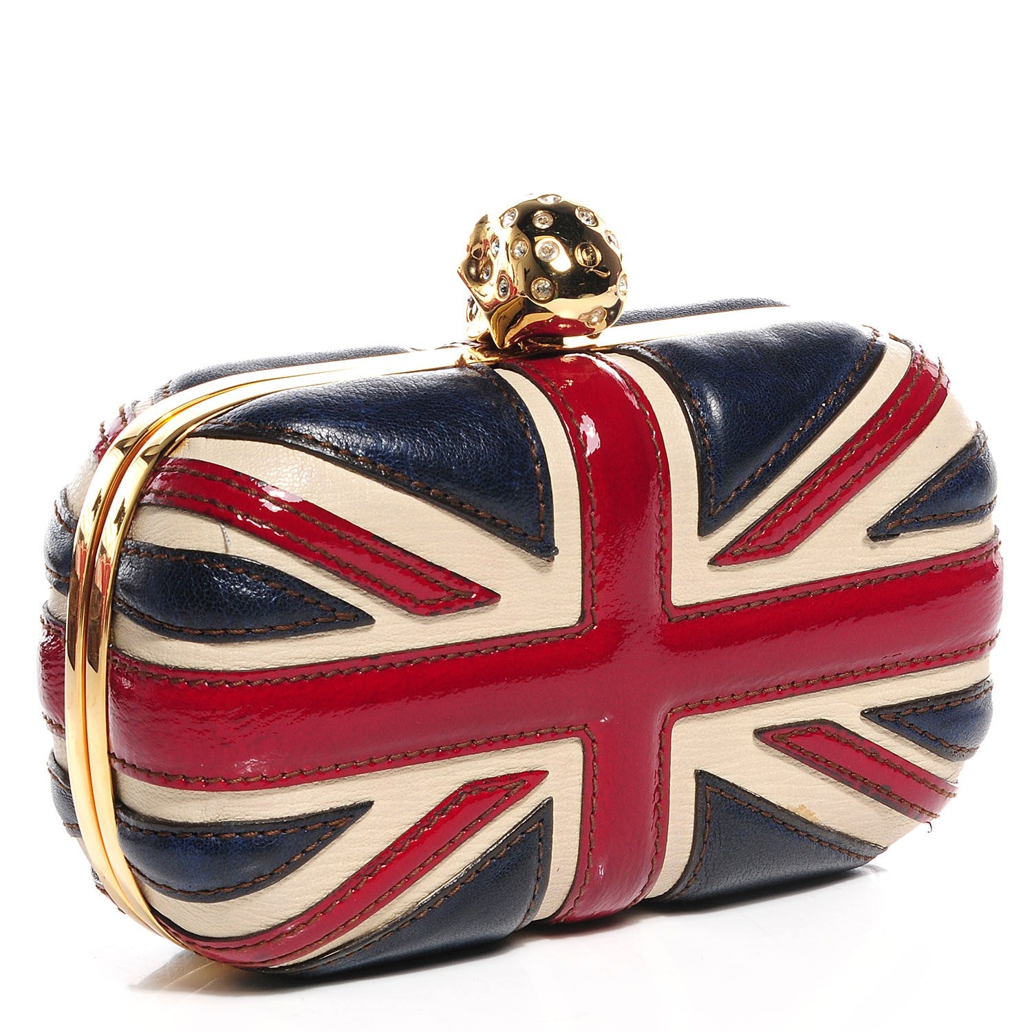 Alexander McQueen Patent Calfskin Britannia Skull Box Clutch Red Blue 3 of 7