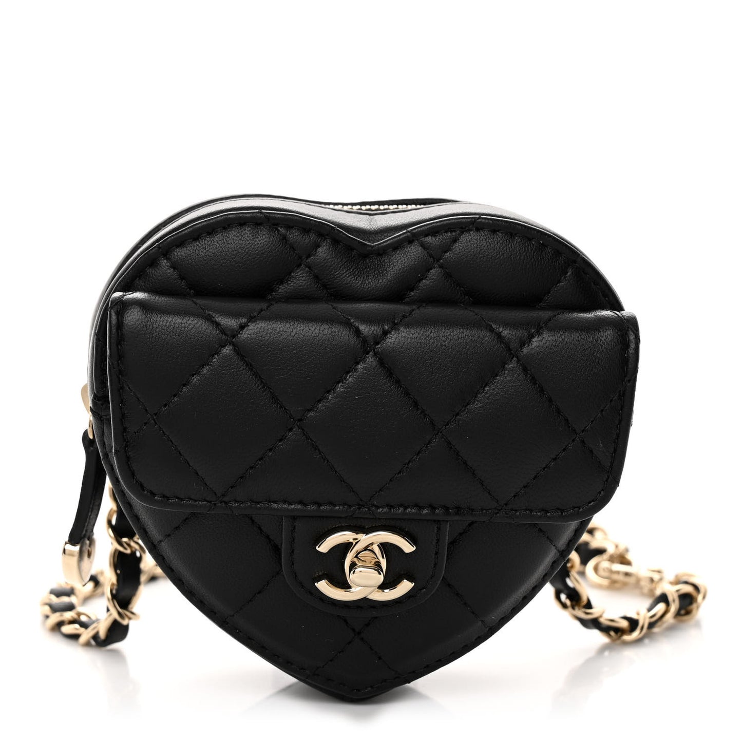 Lambskin Quilted CC In Love Heart Waist Belt Bag With Chain Black