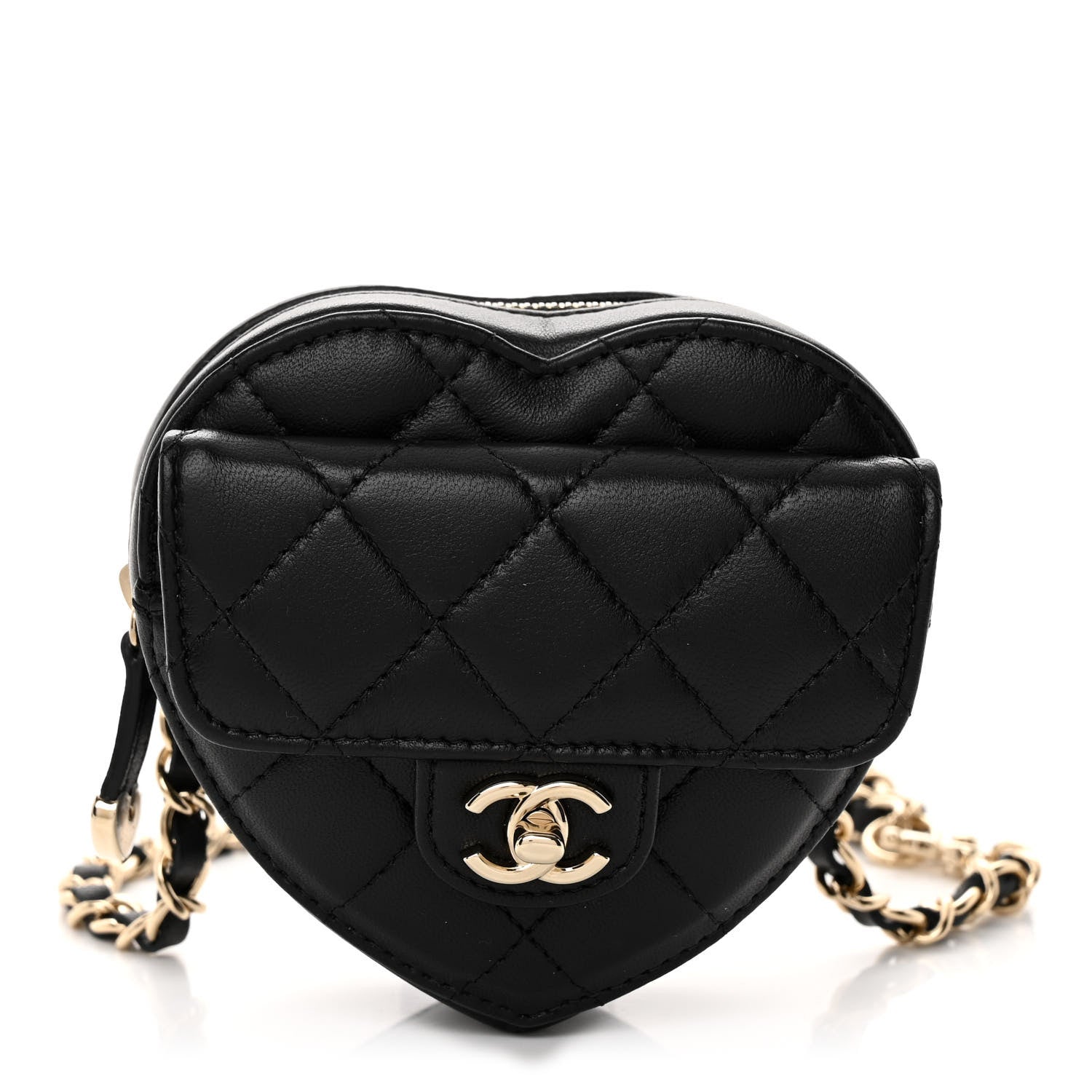 Chanel Lambskin Quilted CC In Love Heart Waist Belt Bag With Chain Black 1 of 9