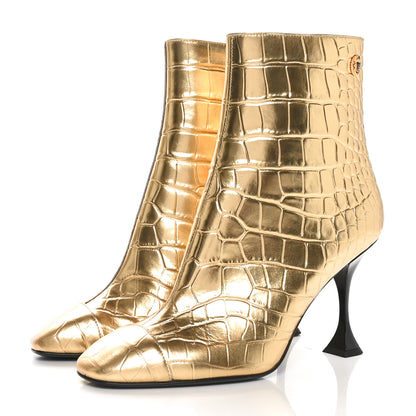 Chanel Calfskin Crocodile Embossed Cap Toe Ankle Boots 38 Gold 3 of 9