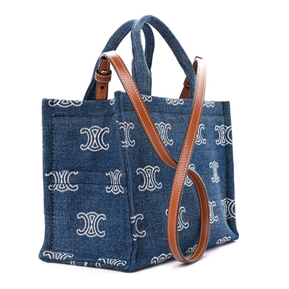 Celine Canvas Calfskin Triomphe Print Small Cabas Navy Tan 3 of 9