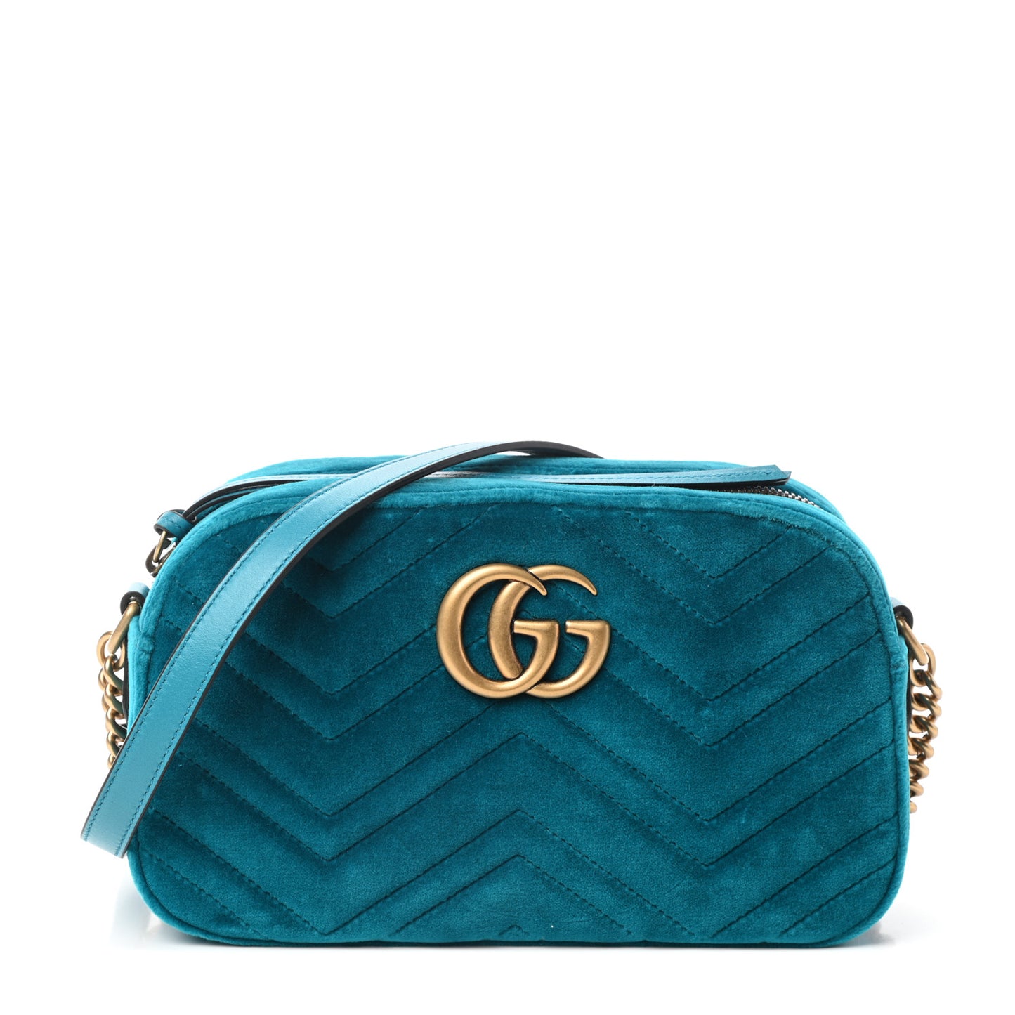 Velvet Matelasse Small GG Marmont Chain Shoulder Bag Pavone Cyan