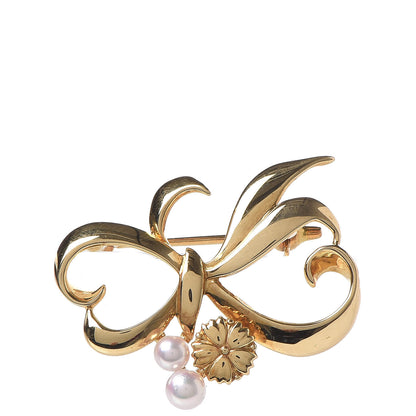 Mikimoto 18K Yellow Gold Akoya Pearl 3.5-4mm Heart Ribbon Brooch 1 of 4
