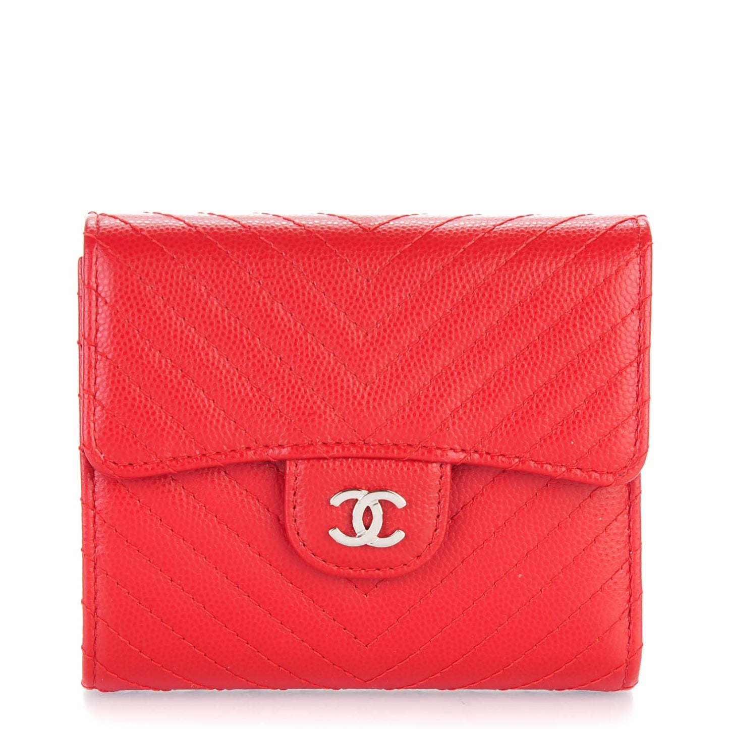 Caviar Chevron Quilted Compact Flap Wallet Dark Red
