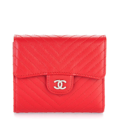 Chanel Caviar Chevron Quilted Compact Flap Wallet Dark Red 1 of 8