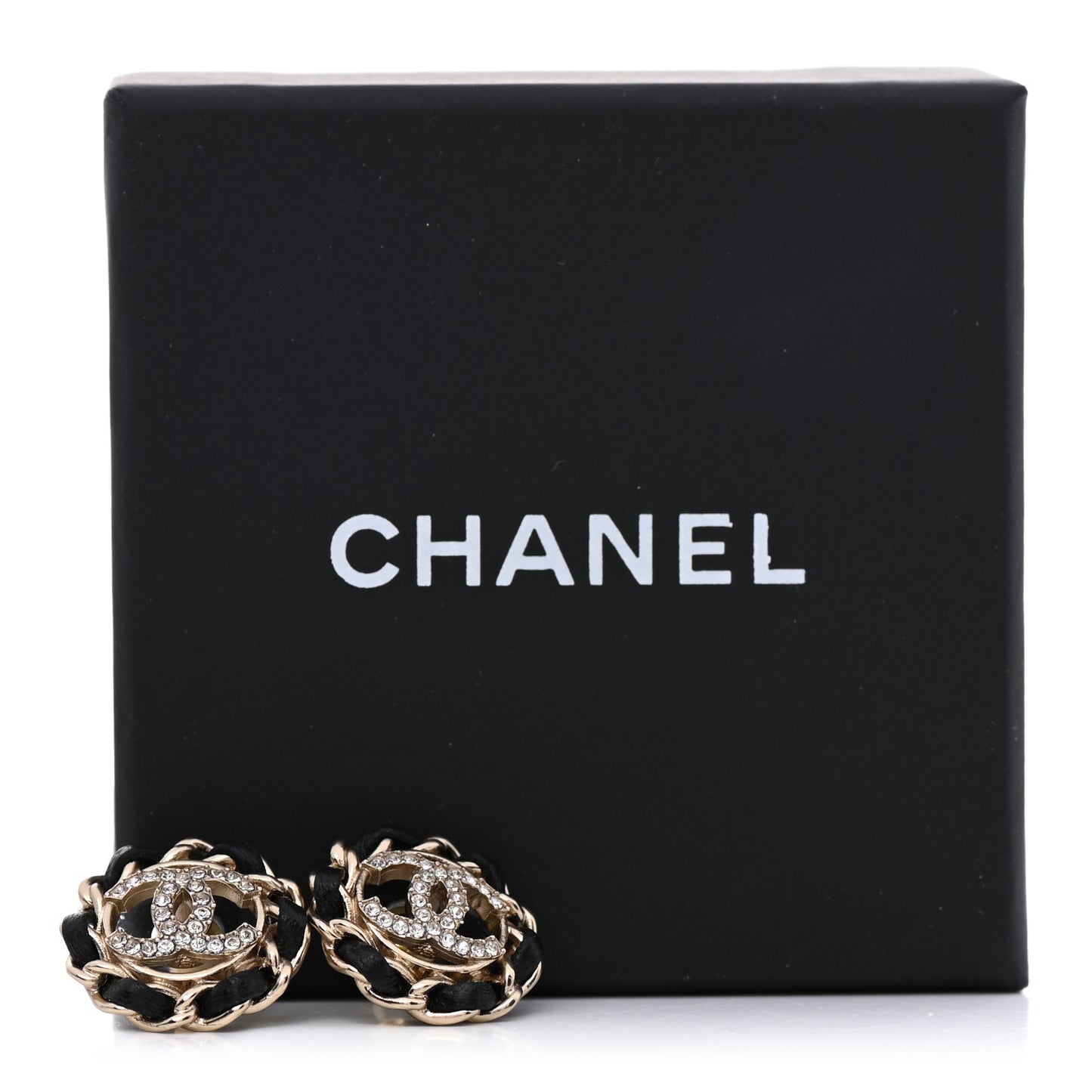 Crystal Lambskin Chain CC Stud Earrings Black Gold
