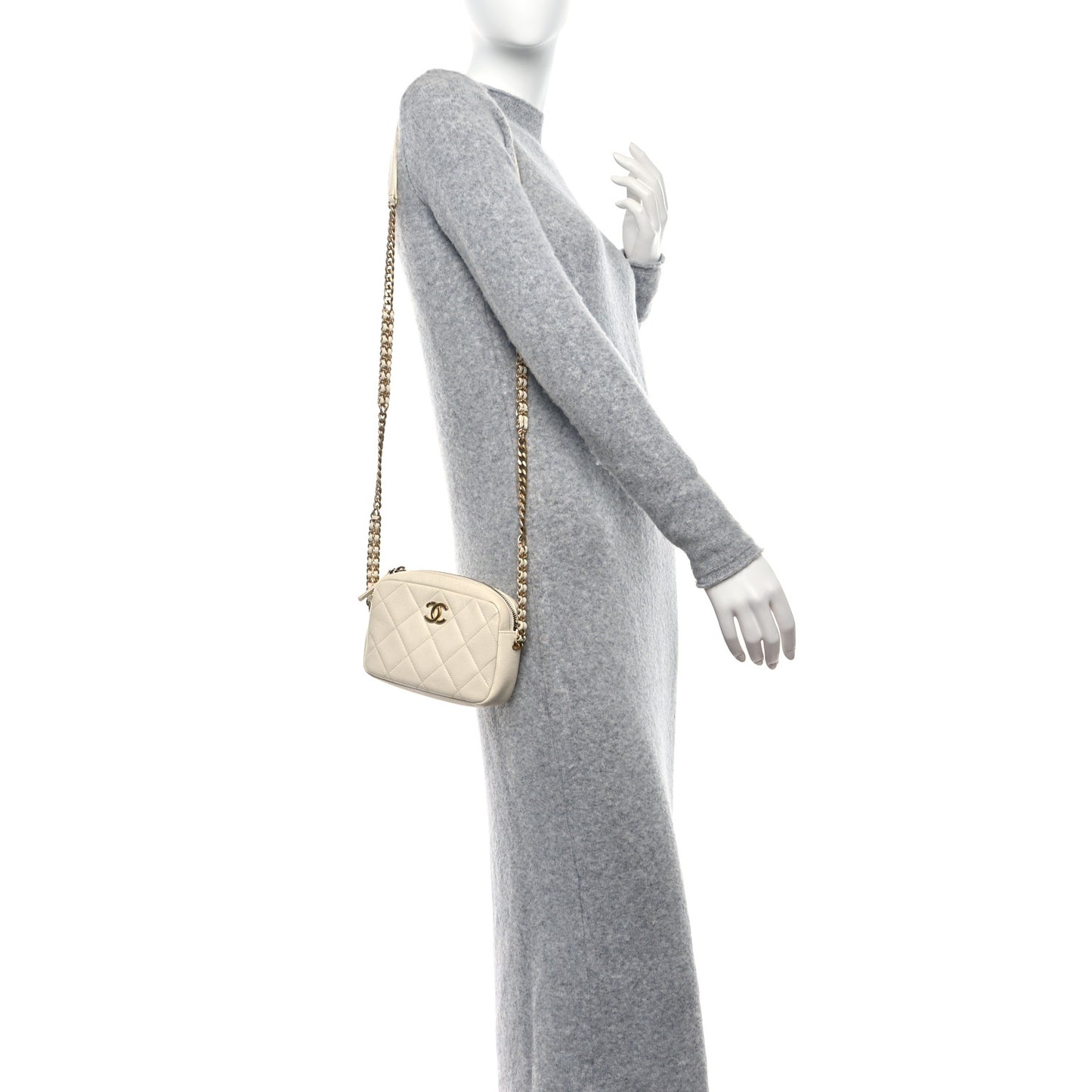 Shiny Caviar Quilted Chain Melody Camera Bag White