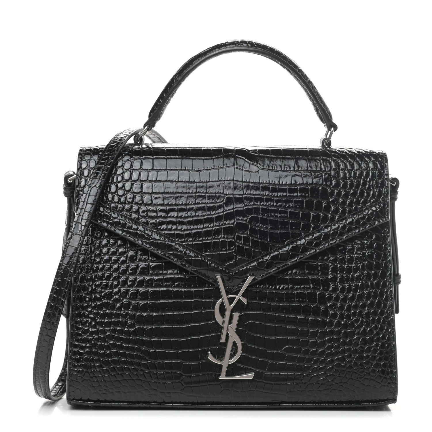 Saint Laurent Calfskin Crocodile Embossed Medium Classic Monogram Cassandra Top Handle Black Rouge Legion 1 of 8
