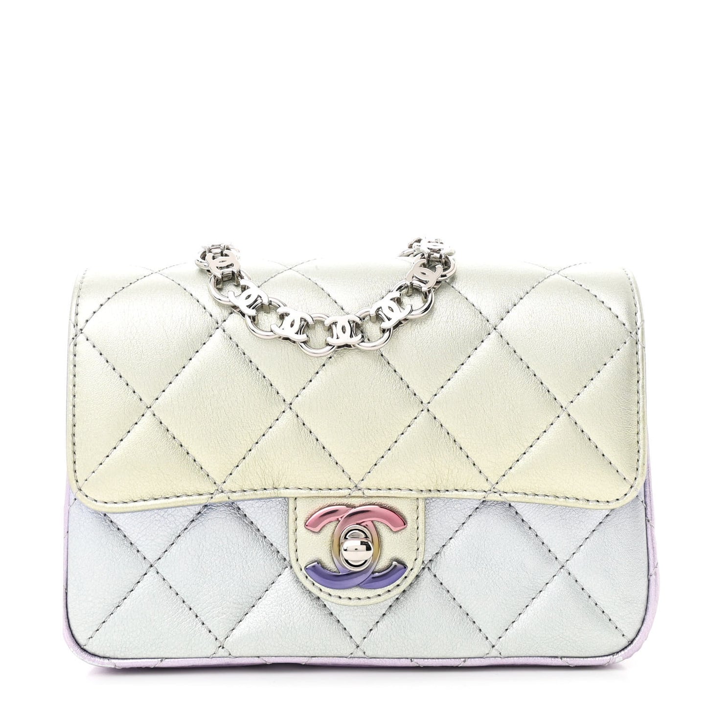 Gradient Metallic Calfskin Quilted Clutch Silver Blue Yellow Purple