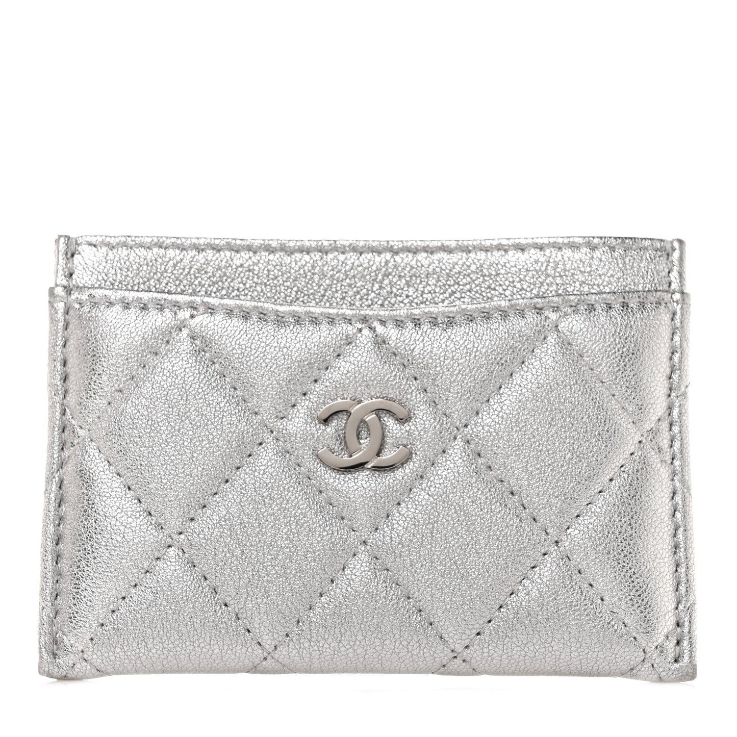Metallic Lambskin Quilted Card Holder Silver