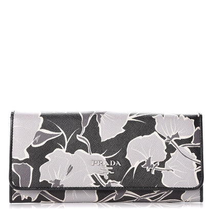 Prada Saffiano Floral Print Continental Flap Wallet Black 1 of 9